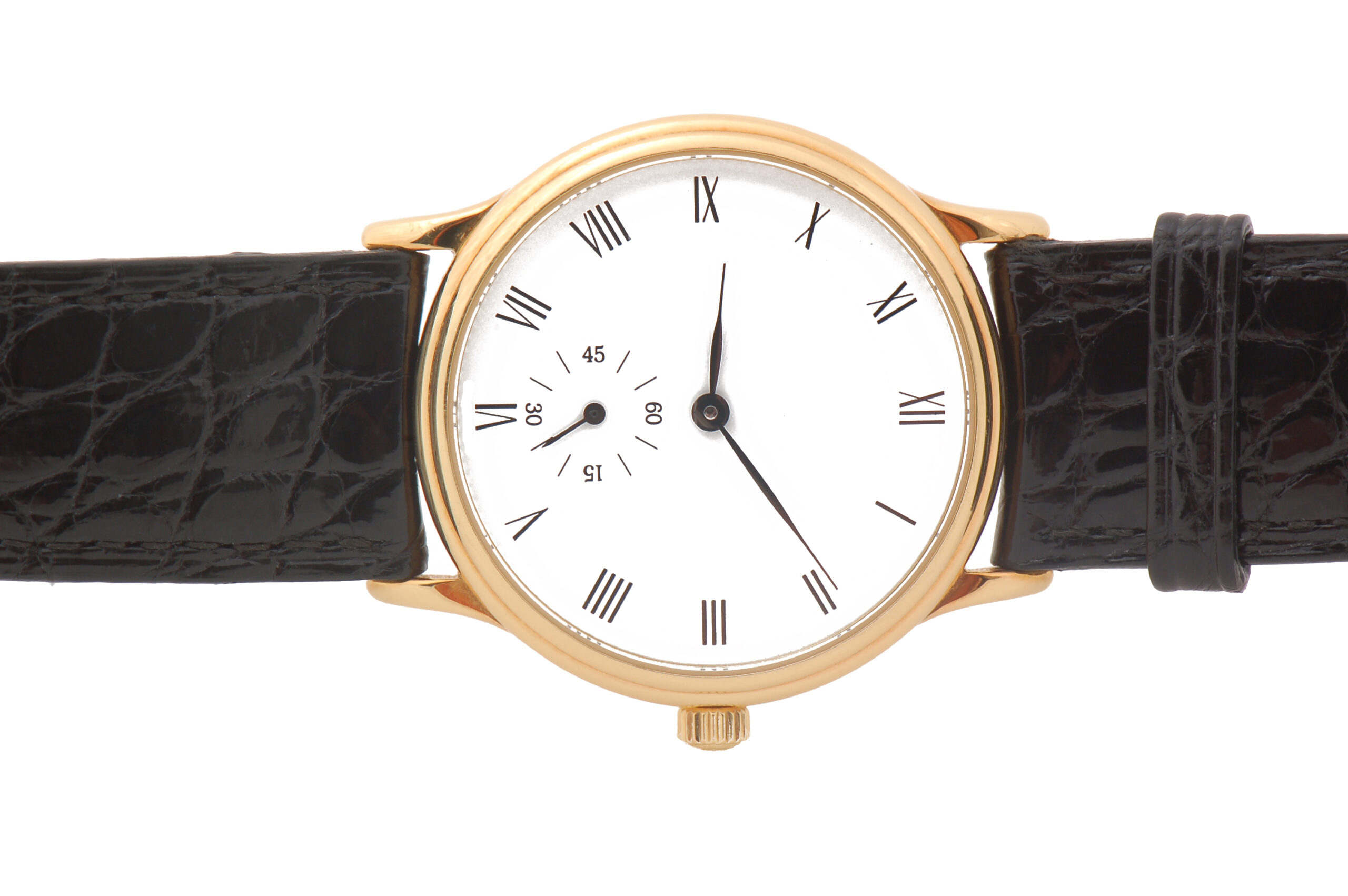 Gold,Watch,With,Black,Leather,Band,And,Roman,Numeral,Dial